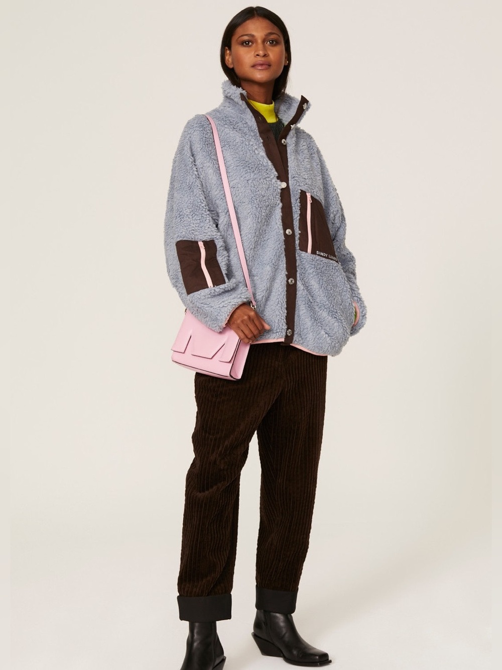 Sandy Liang Light Blue Teddy Sherpa Jacket with Dark Brown Trim